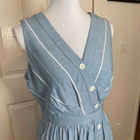 Gal Meets Glam Collection Button Front Surplice Dress Blue With White Stripes Si - Picture 5 of 14